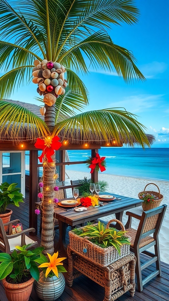 An island home decorated for Christmas with seashells, string lights, and tropical flowers.